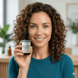 Woman holding Lymph Tonic liquid supplement for circulation support